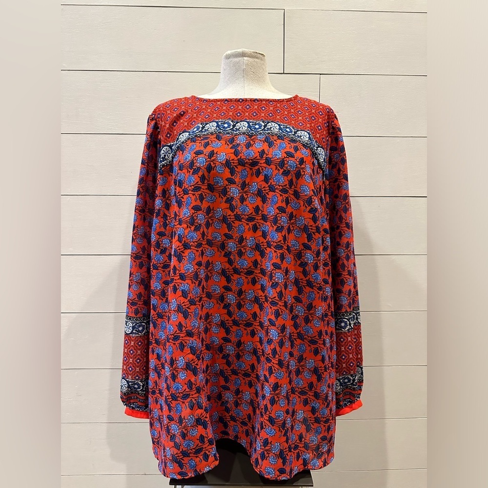 LOFT Women's Red/ Blue Floral Long-Sleeve Tunic Top- size 18